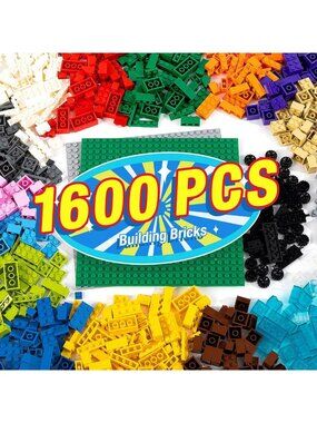 1600-Piece Building Brick Set with 24x24 Sticky Plates & Wheels - Creative Fun